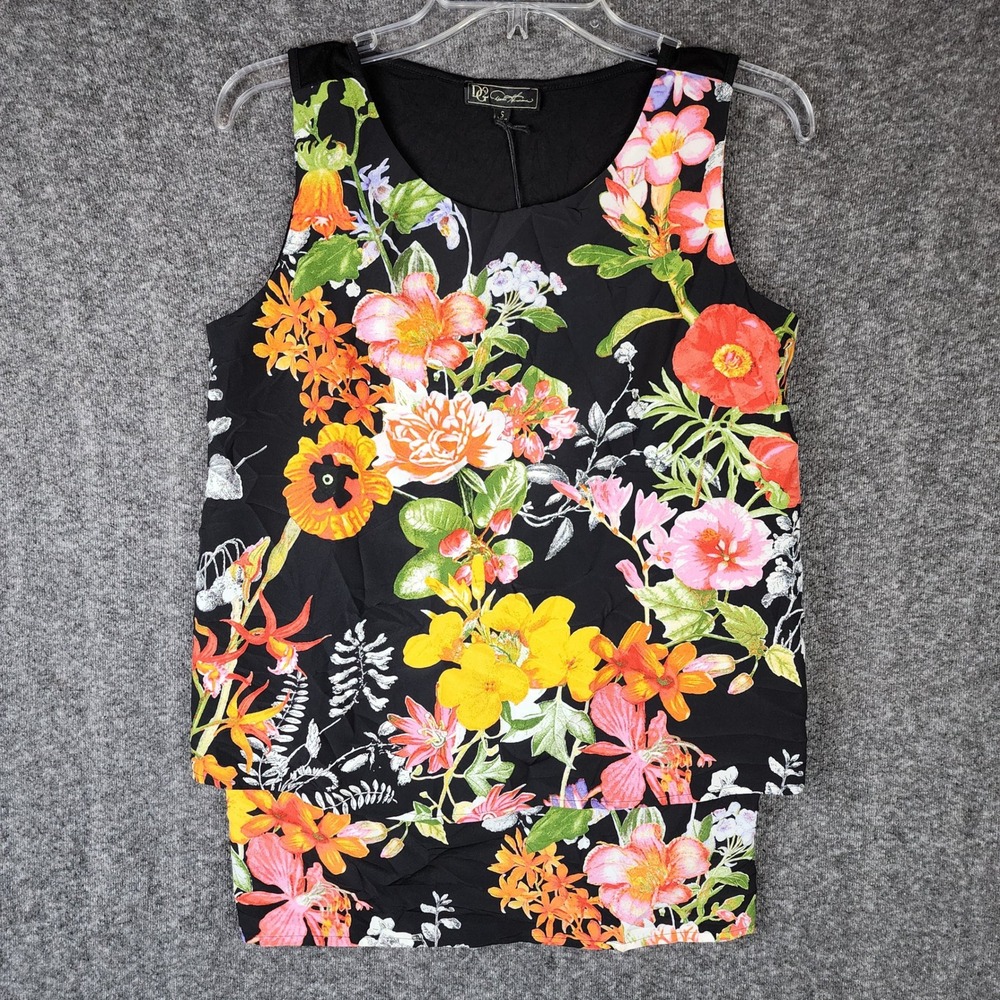 DG2 Tank Top Women S Black Floral Layered Sleeveless Stretch Back NEW